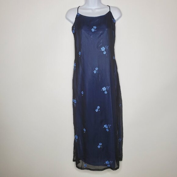 Express Womens Vintage Blue Flower Embroidered Strappy Mesh Dress Fairy Whimsy - Picture 1 of 10